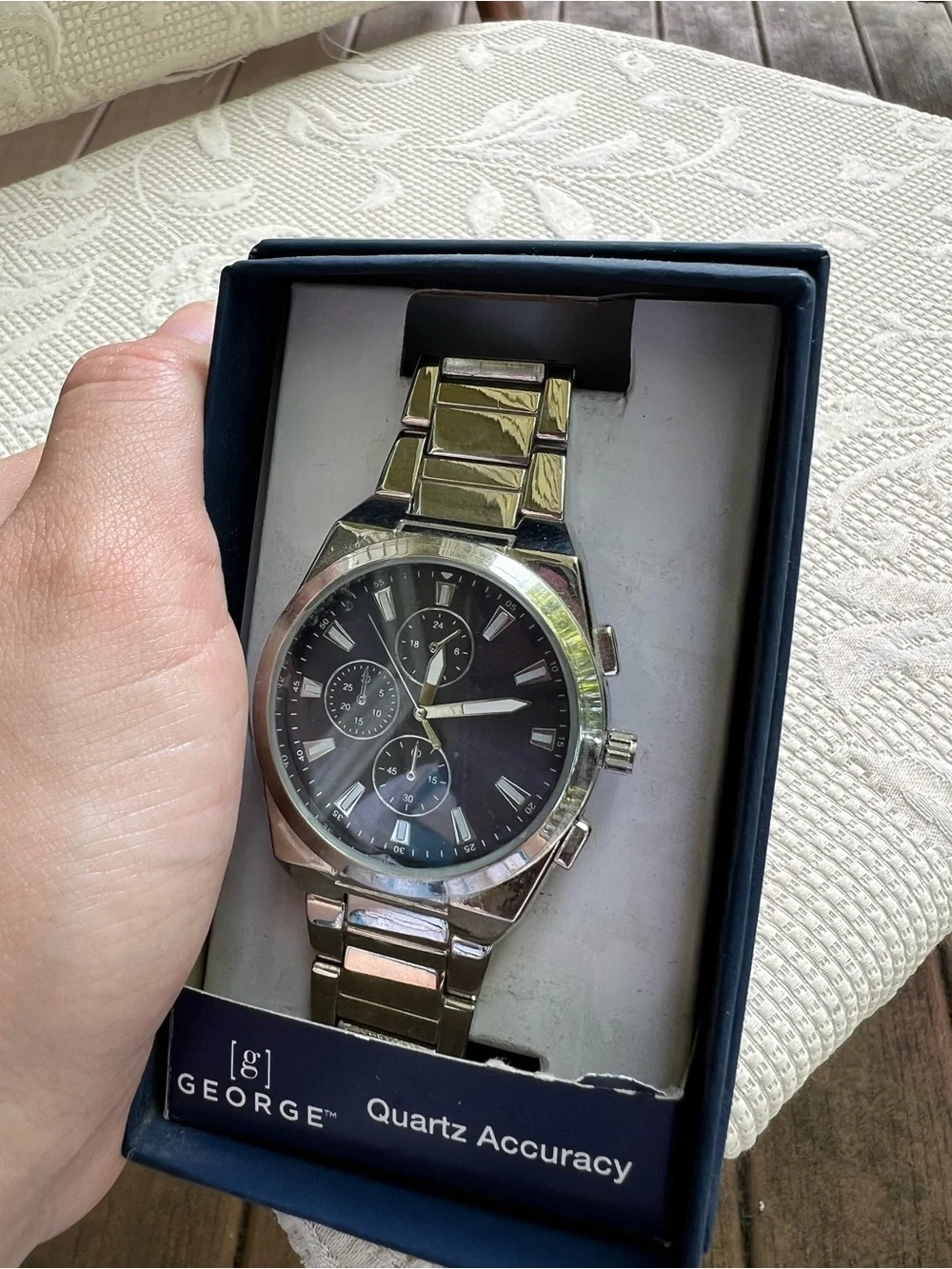 Men’s Silver Stainless Steel Quartz Watch – Black Dial – New in Box